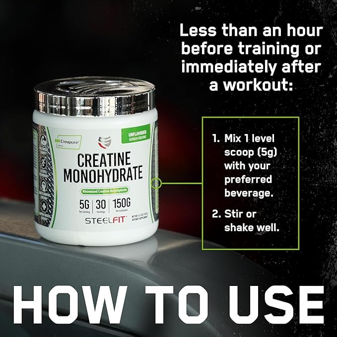 SteelFit Creapure Creatine Monohydrate Powder, Unflavored - German Micronized Creatine Powder for
