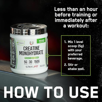 SteelFit Creapure Creatine Monohydrate Powder, Unflavored - German Micronized Creatine Powder for