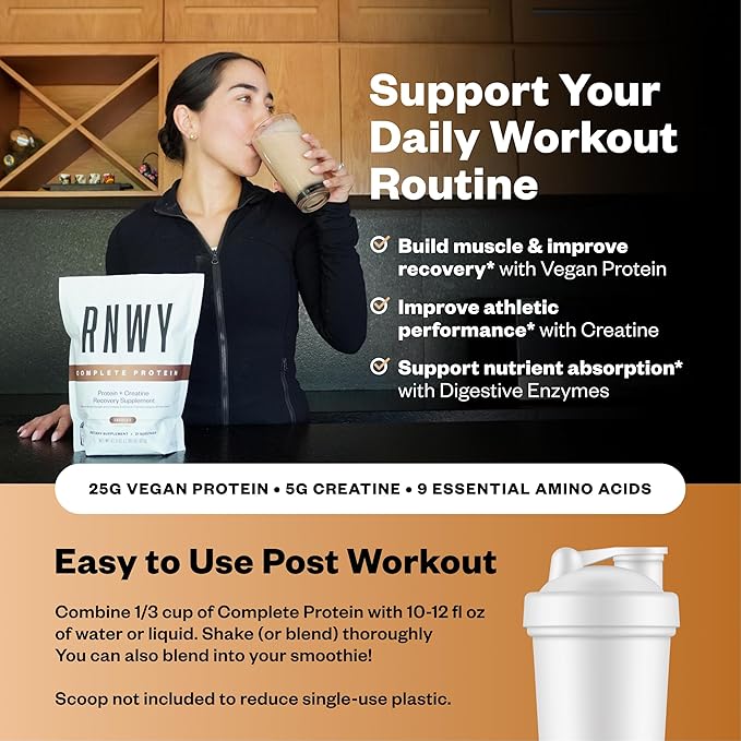 RNWY 25g Chocolate Protein + 5g Creatine Powder, Vegan Plant-Based Protein with Digestive Enzymes