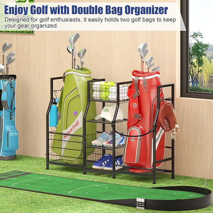 Sports Equipment Organizer Golf Bag Stand Golf Storage Organizer for Garage with Basket and Hooks