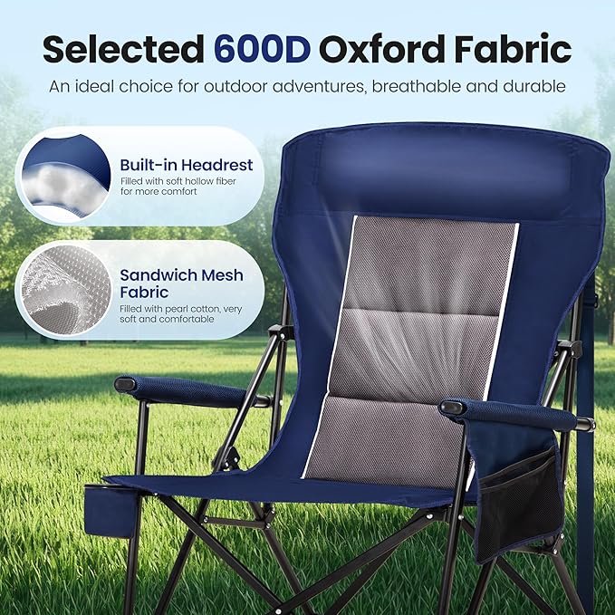 HIGH POINT SPORTS Oversized Camping Chairs for Adults, High Back Heavy Duty Lawn Chair Support