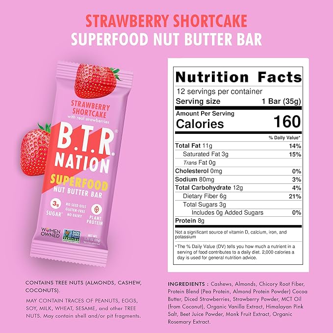 B.T.R. Nation Vegan Superfood Protein Bars - Strawberry Shortcake VITALITY | 12 Bars | Keto, Plant