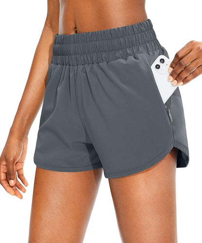 SANTINY Women's Running Shorts with Zip Pockets High Waisted Athletic Workout Gym Shorts for Women