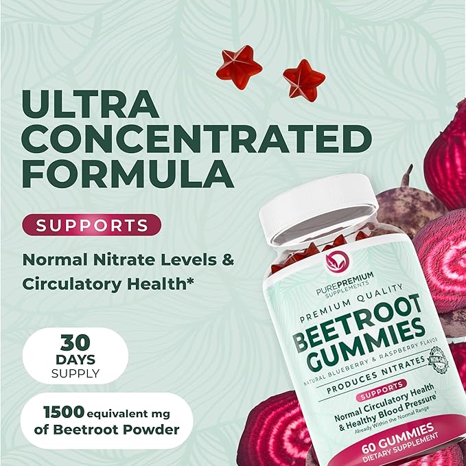 PurePremium Beet Root Gummies - 60 Sugar Free Chews (50:1 Equivalent 1500 mg) - Super Nitric Oxide