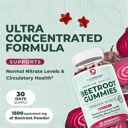 PurePremium Beet Root Gummies - 60 Sugar Free Chews (50:1 Equivalent 1500 mg) - Super Nitric Oxide