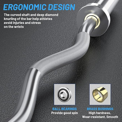 47" Olympic EZ Curl Bar 500-lbs Capacity Steel Barbell Suitable for 2" Weight Plates, 2-Inch Curl