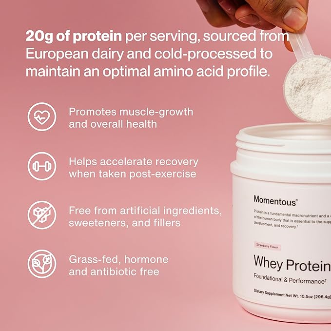 Momentous Essential Grass-Fed Whey Protein Powder - 20 g Whey Isolate Protein - NSF Certified for