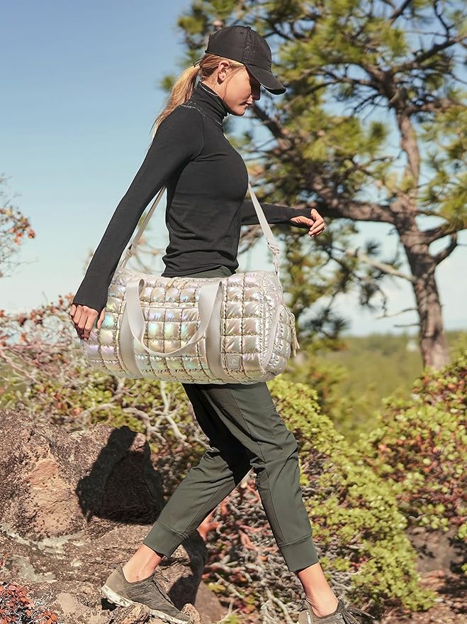 Quilted Duffel Bag for Women, Puffer Gym Duffle Bag with Shoe Compartment Lightweight Large