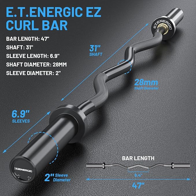 47" Olympic EZ Curl Bar 500-lbs Capacity Steel Barbell Suitable for 2" Weight Plates, 2-Inch Curl