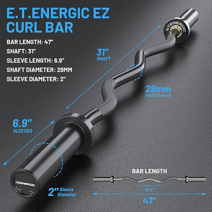 47" Olympic EZ Curl Bar 500-lbs Capacity Steel Barbell Suitable for 2" Weight Plates, 2-Inch Curl