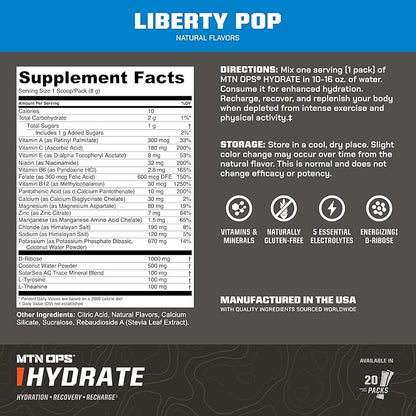 MTN OPS Hydrate Electrolytes Powder Drink Mix, 20 Single Serving On-The-Go Electrolyte Packs with