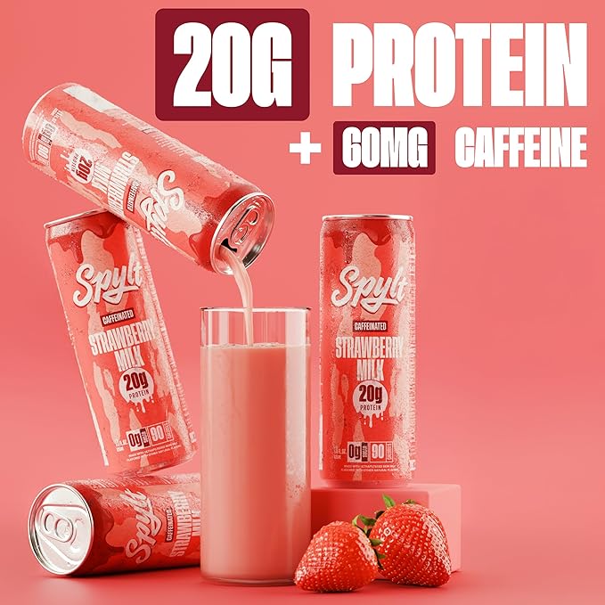 High Protein Strawberry Milk with 60mg Caffeine & 20g Protein - 90 Calories, Ready to Drink, Sugar