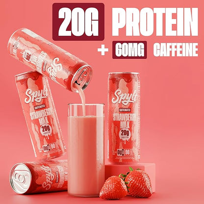 High Protein Strawberry Milk with 60mg Caffeine & 20g Protein - 90 Calories, Ready to Drink, Sugar