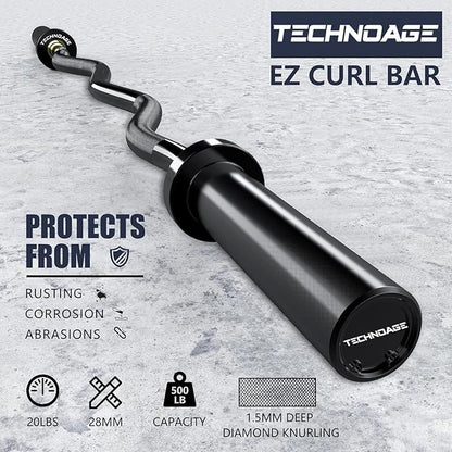 TECHNOAGE Olympic EZ Curl Bar, 47" Curl Bar(350/500LBS Capacity) 20LB, Solid Steel, Chrome Finish