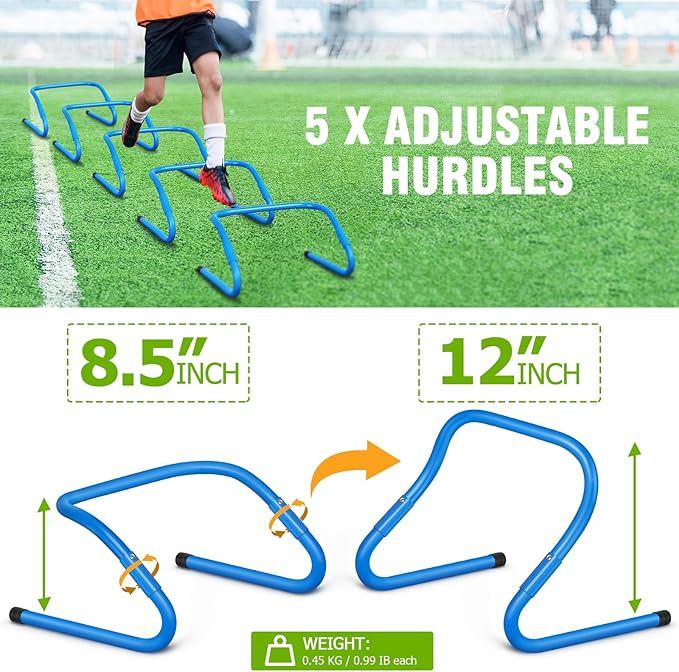 Speed and Agility Training Equipment: 5 Adjustable Agility Hurdles. 20ft Agility Ladder, Soccer