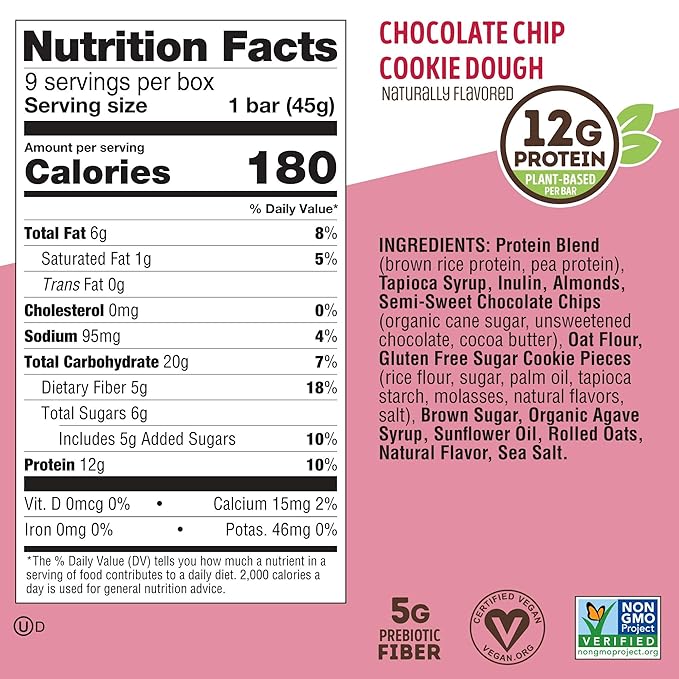 Lenny & Larry's Cookie-fied Bar ??Chocolate Chip Cookie Dough Vegan Protein Bars 9x45g ??Healthy