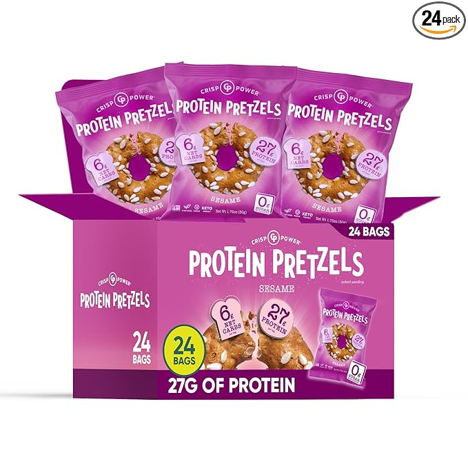 Crisp Power Protein Pretzels, Sesame, High Protein Vegan Keto Snack, 27 G Plant Based Protein, Low