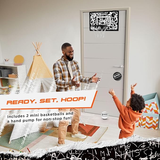AND1 Over the Door Mini Basketball Hoop: 18x12 Shatterproof Backboard, 2 Mini Basketballs, and Hand