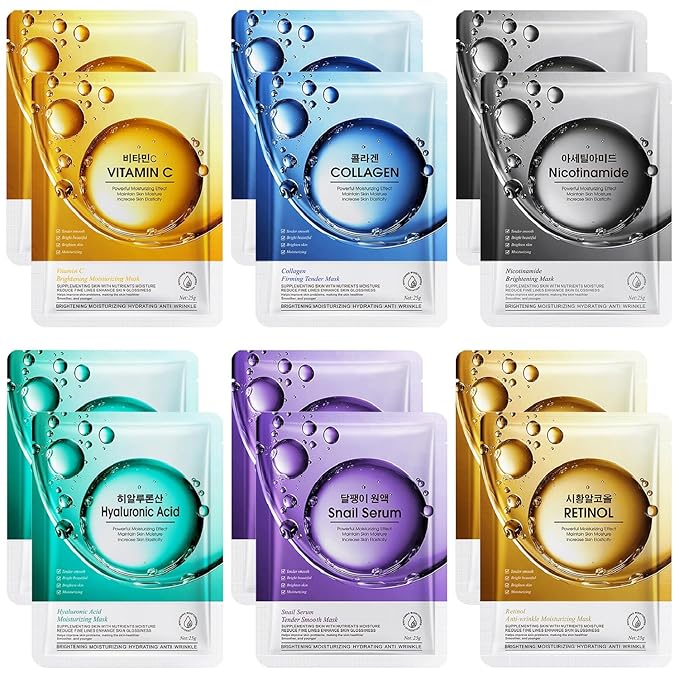 12 Pack Sheet Face Masks Skincare, Collagen Face Mask Hyaluronic Acid Hydrating Face Sheet Masks