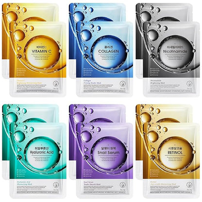 12 Pack Sheet Face Masks Skincare, Collagen Face Mask Hyaluronic Acid Hydrating Face Sheet Masks