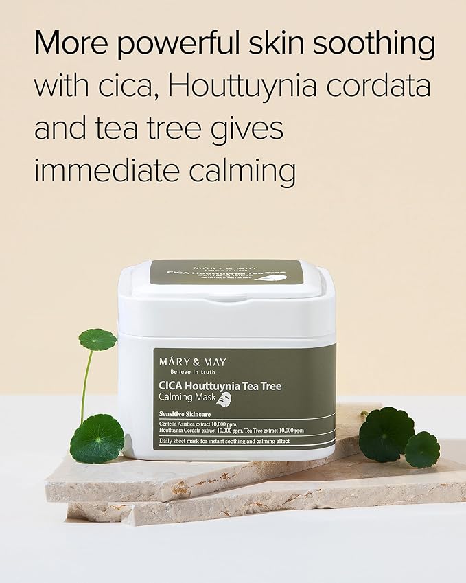 Mary&May CICA Houttuynia Tea Tree Calming Mask - Daily Pull Out Sheet Mask for Instant Soothing &