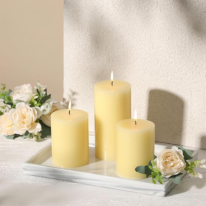 3x6 Inch Ivory Pillar Candles Set of 3-Decorative Unscented Pillar Candle, Long Burning Dripless