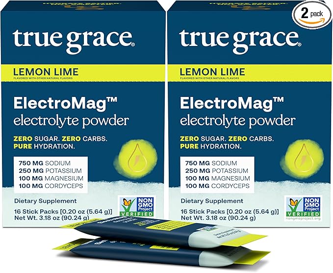 True Grace ElectroMag - 16 Stick Packs (Pack of 2) - Lemon Lime - Electrolyte Powder for Rapid