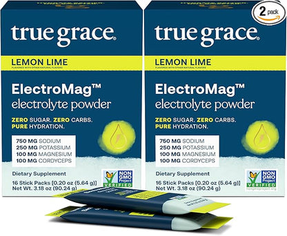 True Grace ElectroMag - 16 Stick Packs (Pack of 2) - Lemon Lime - Electrolyte Powder for Rapid