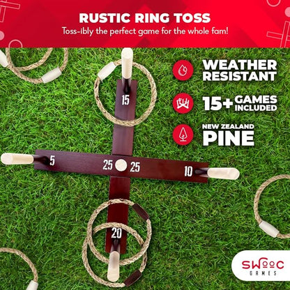 SWOOC Games - Rustic Ring Toss Game (All Weather) - Easy Setup & Extra Games Included - Ring Toss