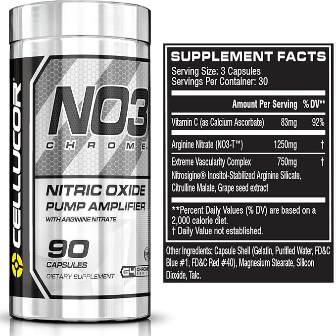 Cellucor NO3 Chrome Nitric Oxide Supplements with Arginine Nitrate for Muscle Pump & Blood Flow, 90