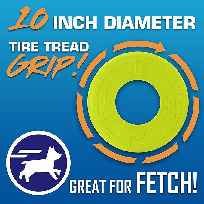 Nerf Dog Atomic Flyer Outdoor Dog Toy, 10 Inch Flying Disc Dog Fetch Toy, Rubber Dog Toy for Medium