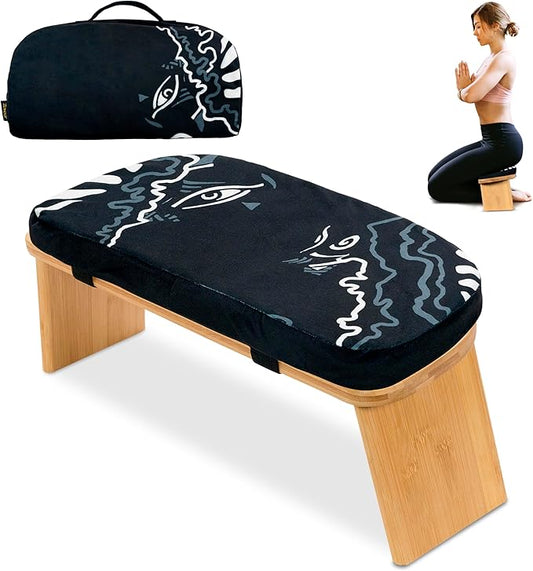 Bamboo Meditation Bench with Cushion - Foldable Bench for Multiple Seating Angles - Kneeling Chair