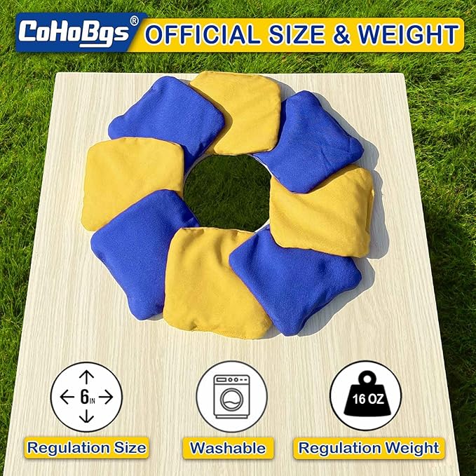 CoHoBgs Corn Hole Bags Set 8, Professional Cornhole Bags Dual-Sided Slick & Stick Resin Filled