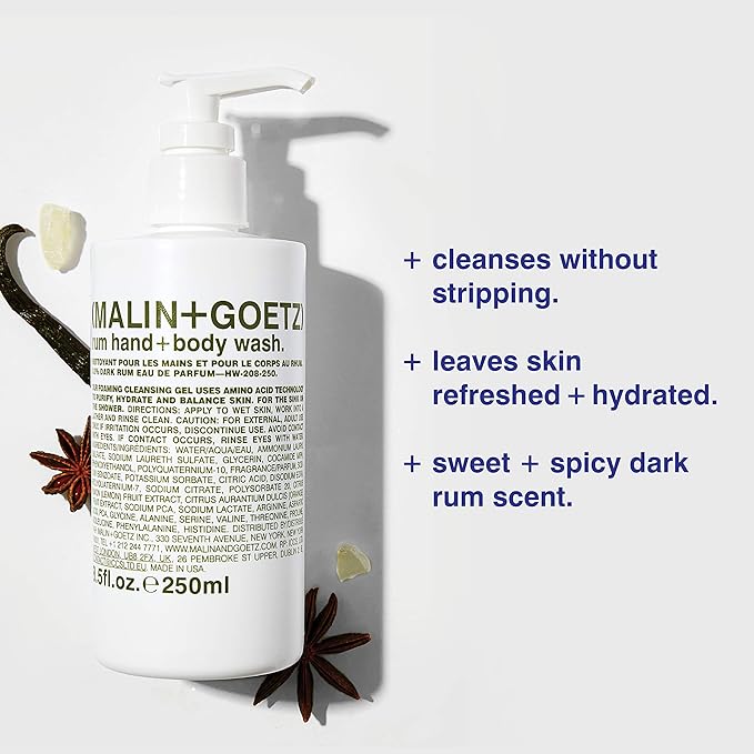Malin + Goetz Rum Hand & Body Wash, 16 Fl. Oz. – Men & Women Natural Body Wash For All Skin Types