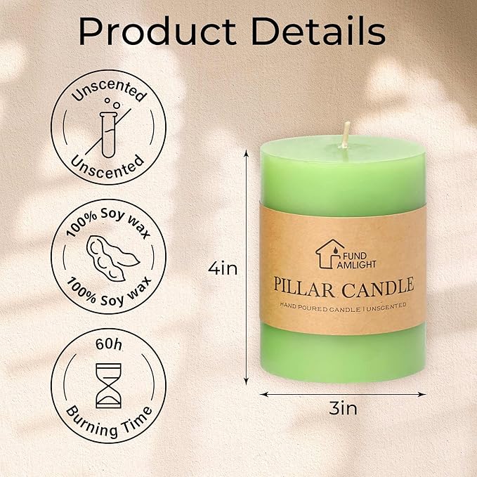 3x4 Inch Green Pillar Candles Set of 3 - Decorative Unscented Pillar Candle, Long Burning Dripless
