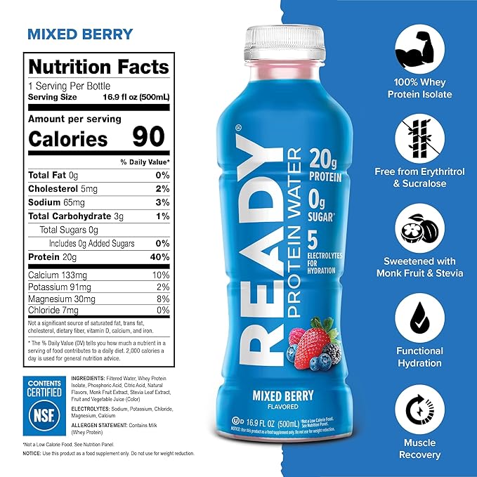 Ready Protein Water, 15g of Whey Protein Isolate, Sugar Free, 12-Pack, 16.9 Fluid Ounces Each (20g