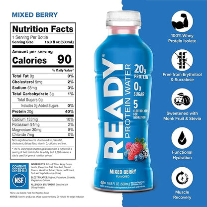 Ready Protein Water, 15g of Whey Protein Isolate, Sugar Free, 12-Pack, 16.9 Fluid Ounces Each (20g