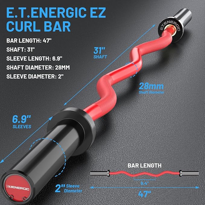 47" Olympic EZ Curl Bar 500-lbs Capacity Steel Barbell Suitable for 2" Weight Plates, 2-Inch Curl