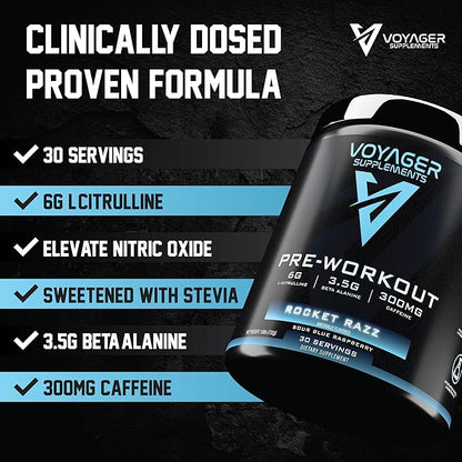 Voyager Pre-Workout Rocket Razz ??Creatine-Free Powder w/L-Citrulline, Beta-Alanine, Caffeine
