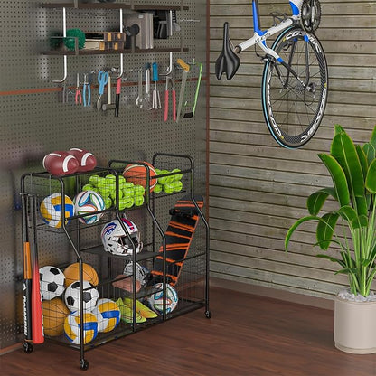 Garage Sports Equipment Organizer - Ball Storage Rack with Elastic Rope or Wire Mesh,Garage