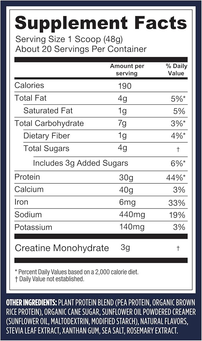Vega Protein + Creatine - 30g Plant-Based Protein, Vanilla, 20 Servings, 3g Creatine, 5g BCAAs