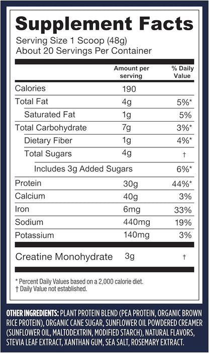 Vega Protein + Creatine - 30g Plant-Based Protein, Vanilla, 20 Servings, 3g Creatine, 5g BCAAs