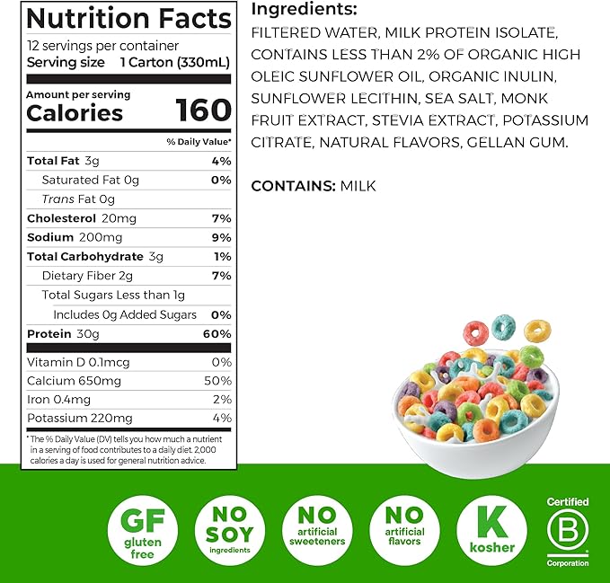 Orgain 30g High Protein Shake, Dairy Isolate Milk Protein, Fruity Cereal, 5g BCAAs, <1g Sugar Per