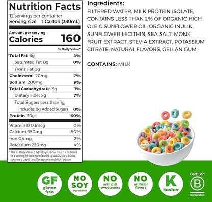 Orgain 30g High Protein Shake, Dairy Isolate Milk Protein, Fruity Cereal, 5g BCAAs, <1g Sugar Per