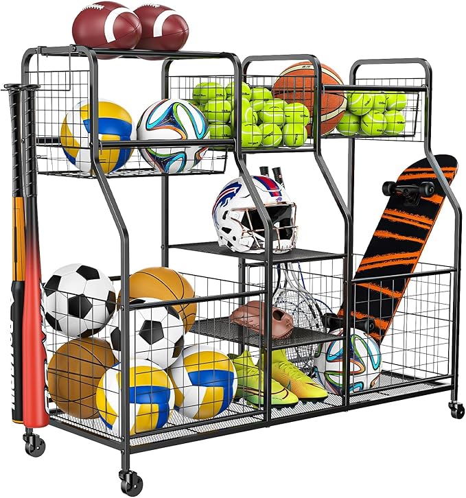 Garage Sports Equipment Organizer - Ball Storage Rack with Elastic Rope or Wire Mesh,Garage