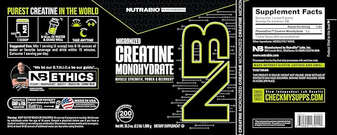 NutraBio Pure Micronized Creatine Monohydrate Powder Supplement, Unflavored, (1000 g) - Supports