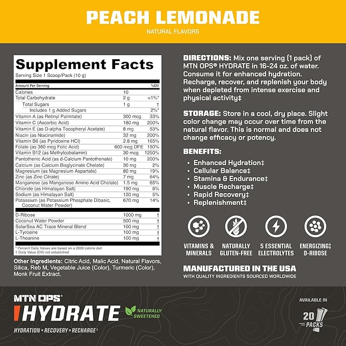 MTN OPS Hydrate Electrolytes Powder Drink Mix, Naturally Sweetened with Monk Fruit, Gluten Free 20
