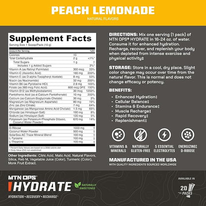 MTN OPS Hydrate Electrolytes Powder Drink Mix, Naturally Sweetened with Monk Fruit, Gluten Free 20