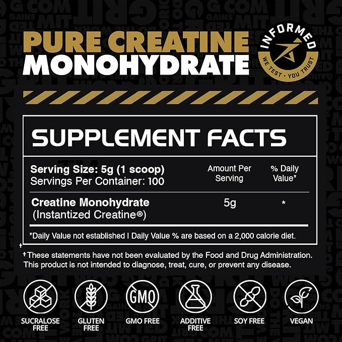Gains in Bulk Instantized Creatine Monohydrate for Women and Men, Soluble Pre Workout Powder