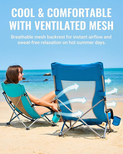KingCamp Low Beach Chairs, Portable Folding Chair for Adults Extra Wide Ergonomic High Back Seat